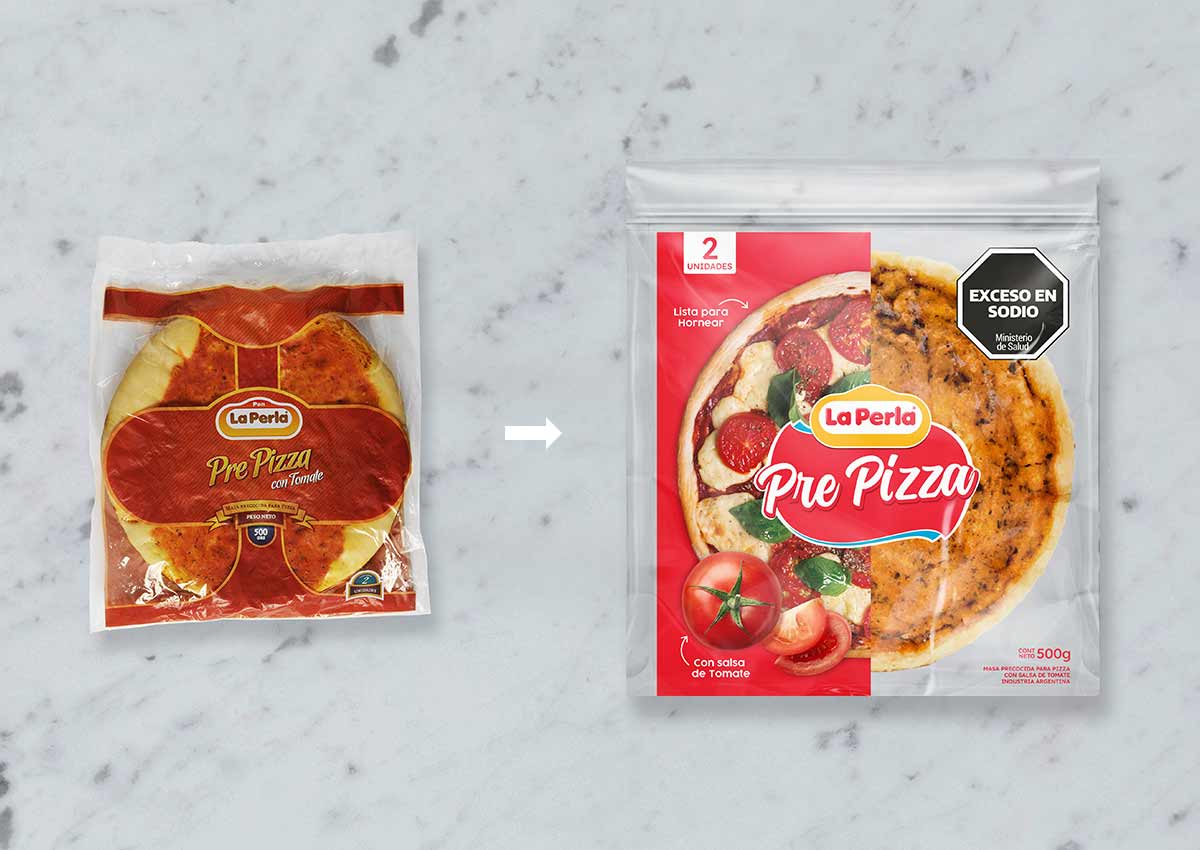 imaginity, la perla prepizza, diseño de packaging, antes después