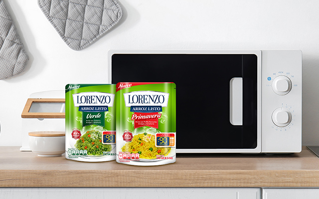 New brand and packaging for the 4 varieties of Lorenzo ready rice, spring, green, white and planter, Peru - Imaginity