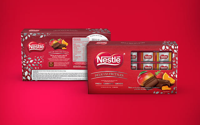 Front and back of the packaging design for the Nestlé Fruit Delights box of filled chocolates - Imaginity