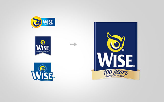Diseño de branding para celebrar el 100 aniversario de la marca Wise snacks de USA. Unificación de la marca a través de la línea de productos
