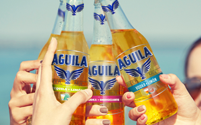 Friends enjoying the packaging design and branding for the new Aguila Paraguay flavored beer. Design: Imaginity.
