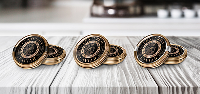 Design de rótulo para a linha exclusiva de caviar Centurion em suas três variedades, Estados Unidos - Imaginity