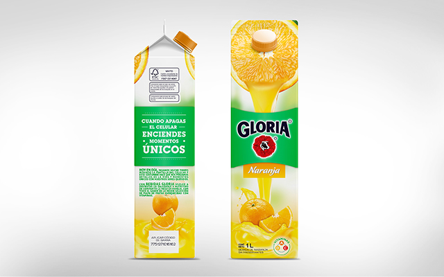 Complete line of Packaging Design for Gloria Juices, orange flavor, front and side pack design, Perú by Imaginity