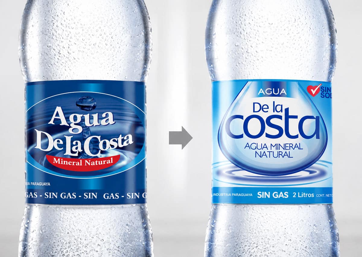 Imaginity, De La Costa, Branding, Diseño de Packaging, Etiquetas, Agua Mineral, Botella, Antes, Después