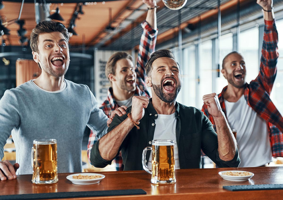 Imaginity, Global Experience, Categories, Sports, Cheering Young Men Drinking Beer Watching Sport Game, Pub