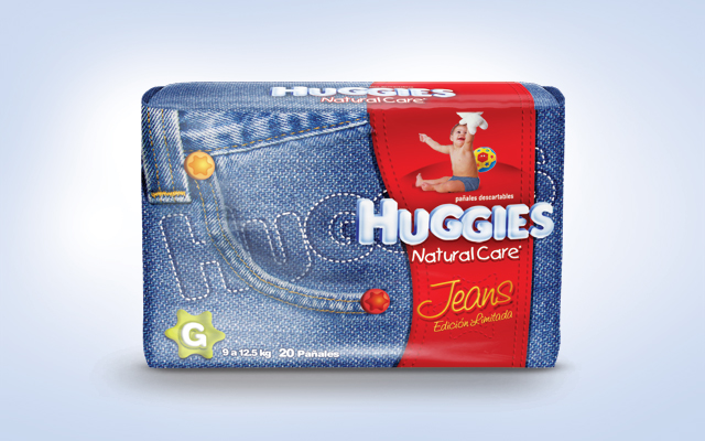 
jean-inspired packaging design for Kimberly Clark's Huggies brand. Product design, diapers. Imaginity Design