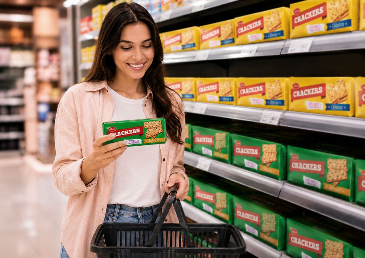Imaginity, Mazzei, Packaging Design, Crackers, Woman, Buying, Grocery, Connected Pack