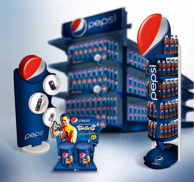 Detalle del diseño de materiales de exhibición en supermercados para Pepsi Latinoamérica. Diseño: Imaginity