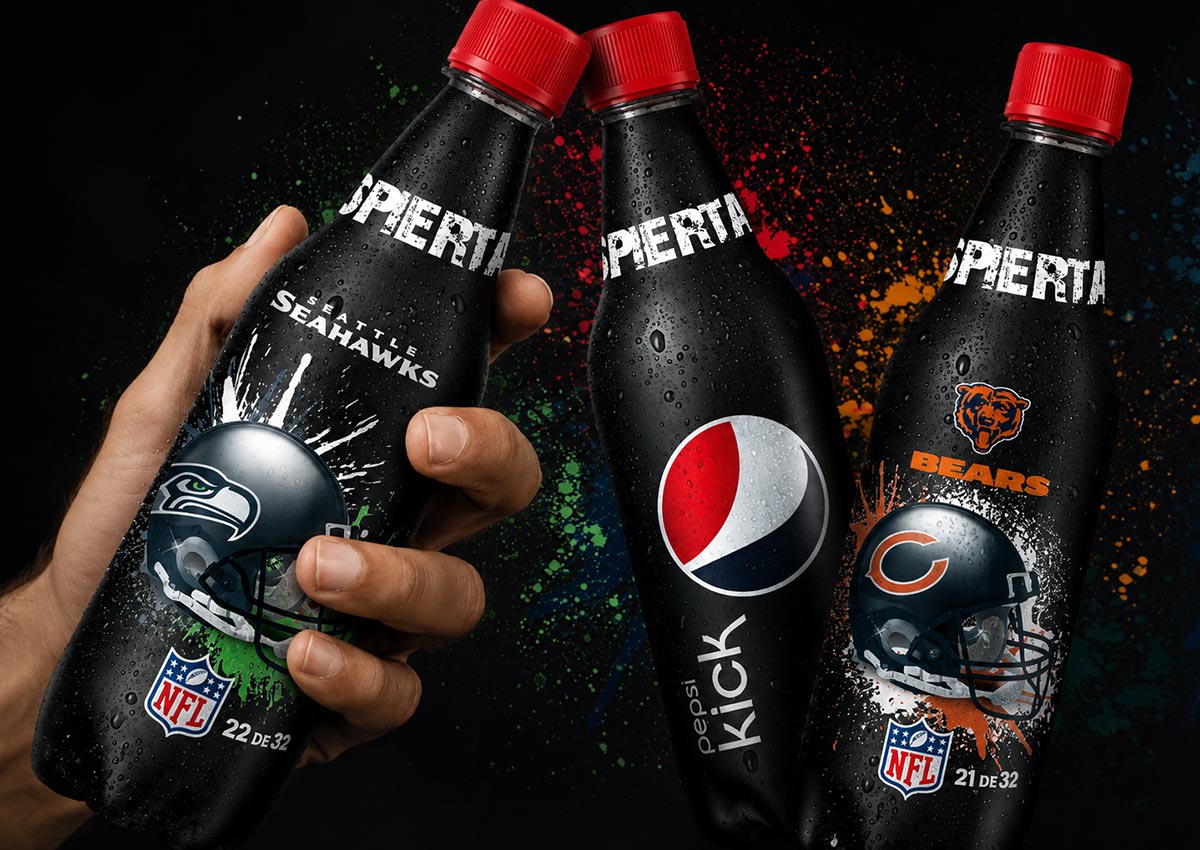 Imaginity, Pepsi Kick, Packaging Design Bottles, Labels, USA, Teams, American Football, Limited Edition