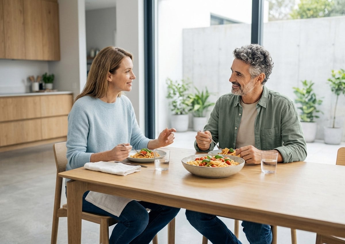 Imaginity, Services, Connected Pack, Couple Eating Pasta At Home