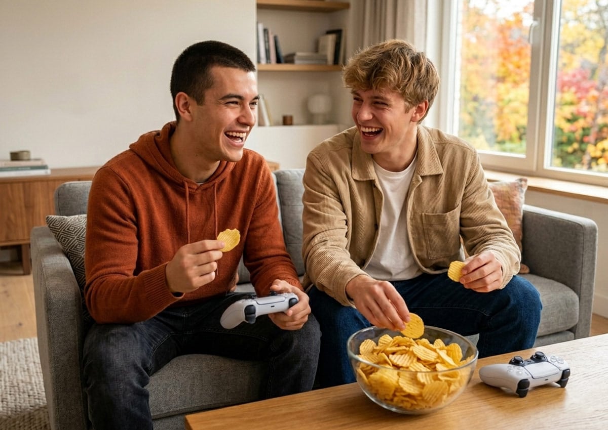 Imaginity, Services, Connected Pack, Friends Playing PlayStation Eating Potato Chips