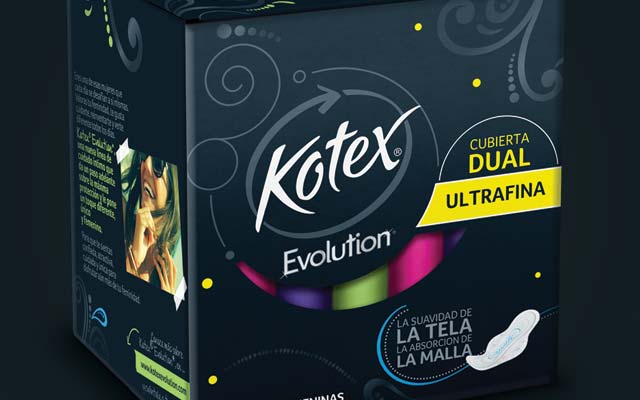 Kotex Evolution feminine hygiene product logo and pack design detail in black breaks with the category - Imaginity