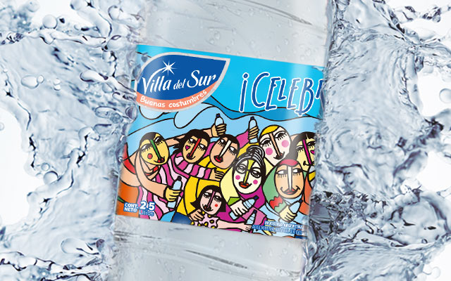 Diseño de packaging Agua Mineral Villa del Sur, edición especial. Artista: Claudio Baldrich. Diseño: Imaginity