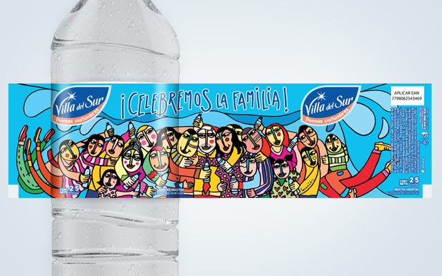 Diseño de packaging Agua Mineral Villa del Sur, edición especial. Artista: Claudio Baldrich. Diseño: Imaginity