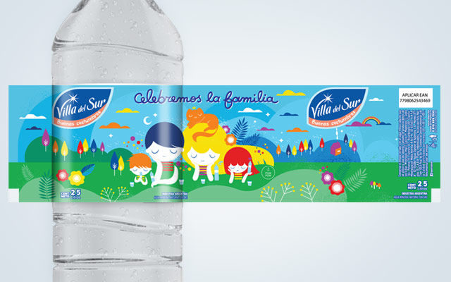 Diseño de packaging Agua Mineral Villa del Sur, edición especial. Artista: PumPum. Diseño: Imaginity