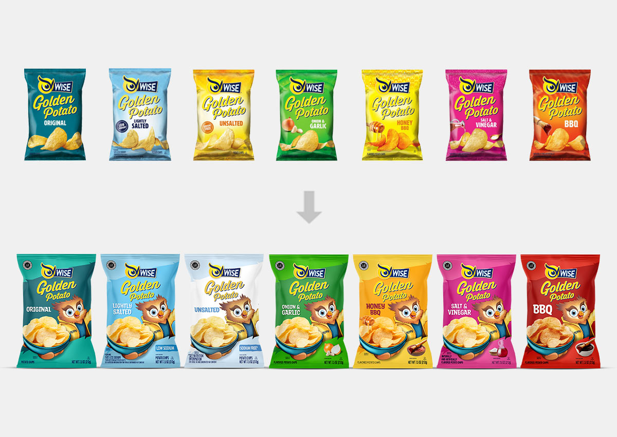 imaginity, Wise Snacks, Packaging Design, New Peppy Pack, Brand Architecture, Before After