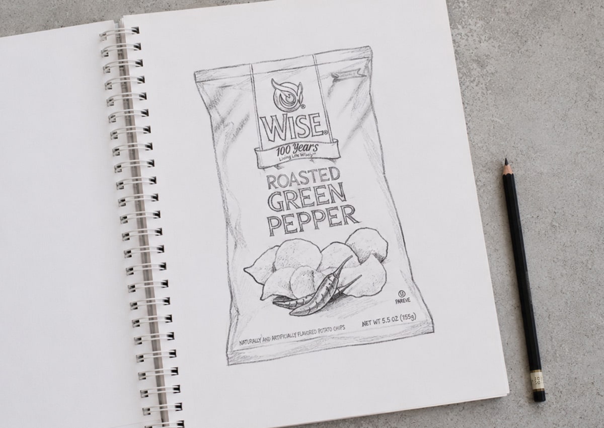 Imaginity, Wise Snacks, Roasted Green Pepper, Sketch, Sketch, Pack Design, Potato Chips