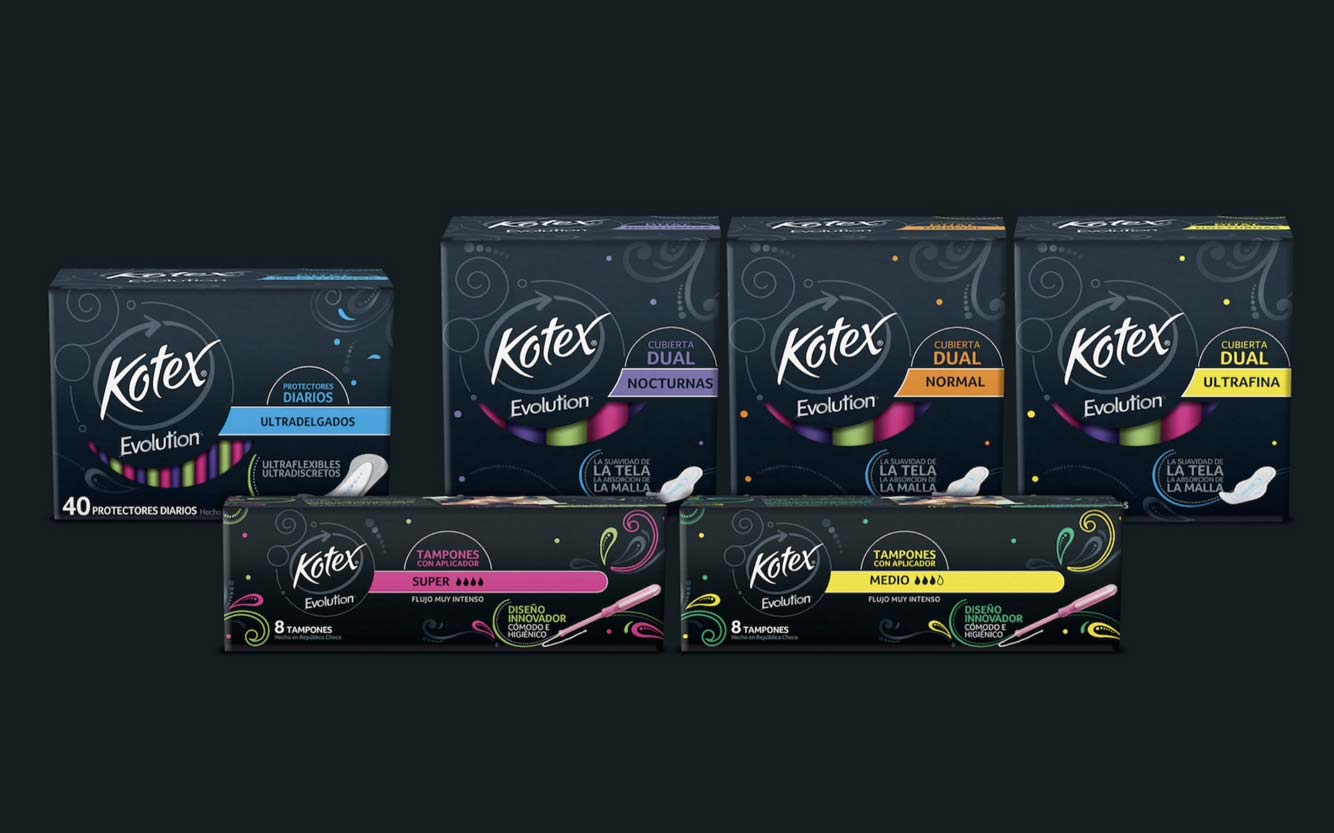 Novo design de embalagem e branding da linha de proteção feminina Kotex Evolution. América latina.