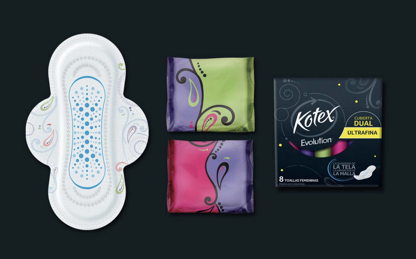 Embalagem, branding e design de produto para a nova linha de proteção feminina Kotex Evolution