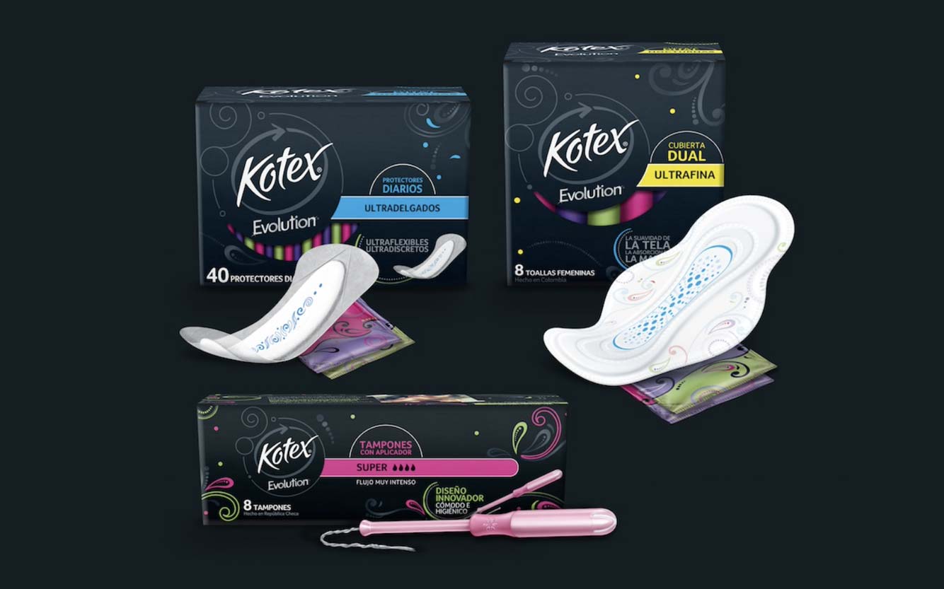 Nuevo diseño de packaging y branding para la línea de protección femenina Kotex Evolution.