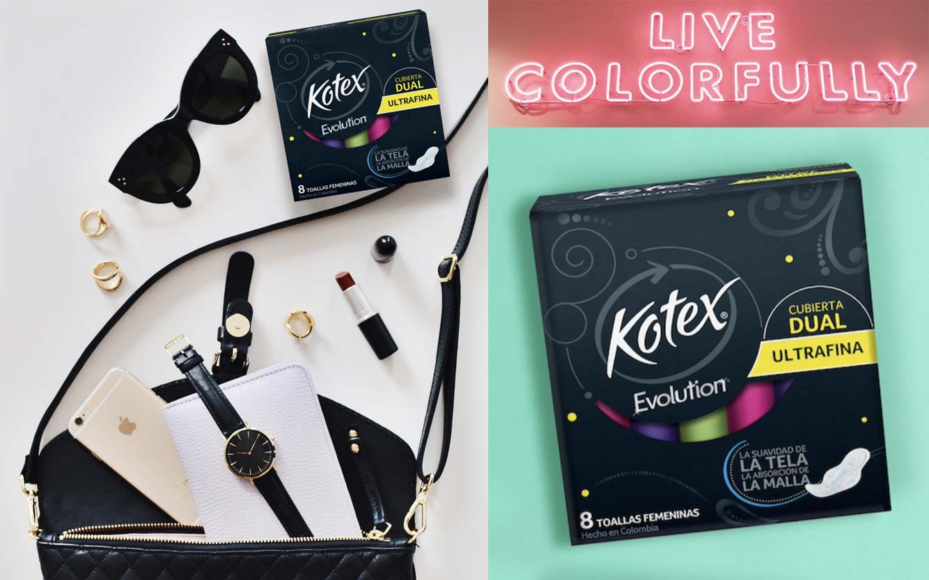 Detalles de la personalidad de marca y diseño de packaging y branding para la línea de protección femenina Kotex Evolution