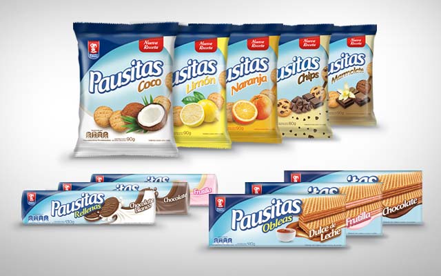Brand design and packs for the Pausitas line of sweet, stuffed and wafer cookies from Maestro Cubano, Uruguay - Imaginity