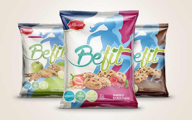 Detail of the new brand identity and pack design for the BeFit biscuit line, from Mazzei, Paraguay - Imaginity
